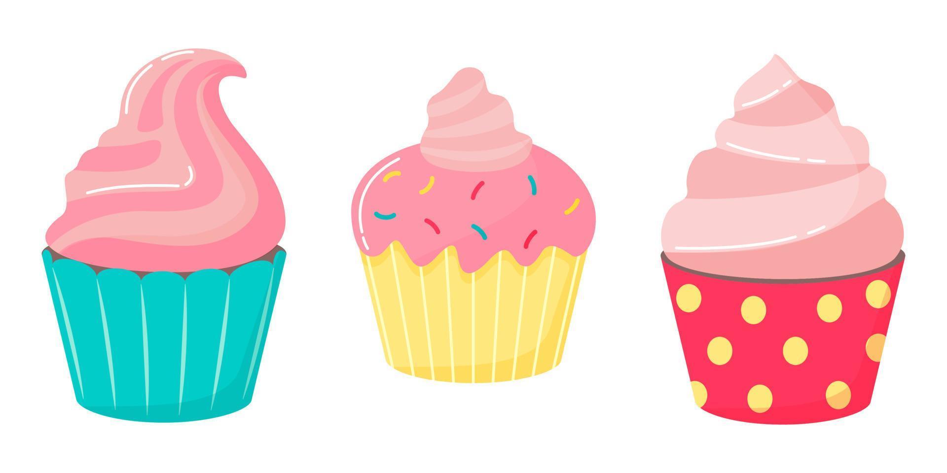 A set of sweet delicious cupcakes with cream and multicolored sugar sprinkles. vector