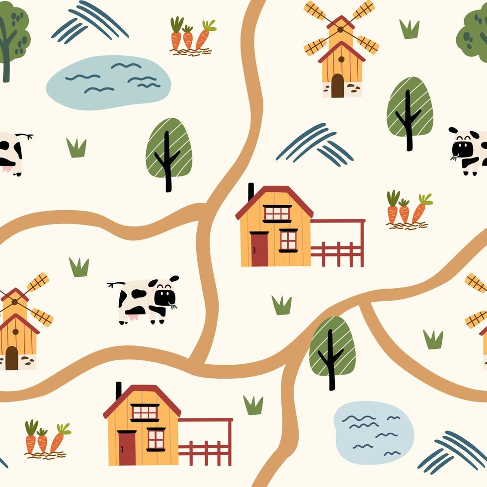 Village map seamless pattern. Background of a farm with houses, animals, road, lakes, trees and tractor. Perfect for textile, fabric, paper, games, play mat. Vector illustration