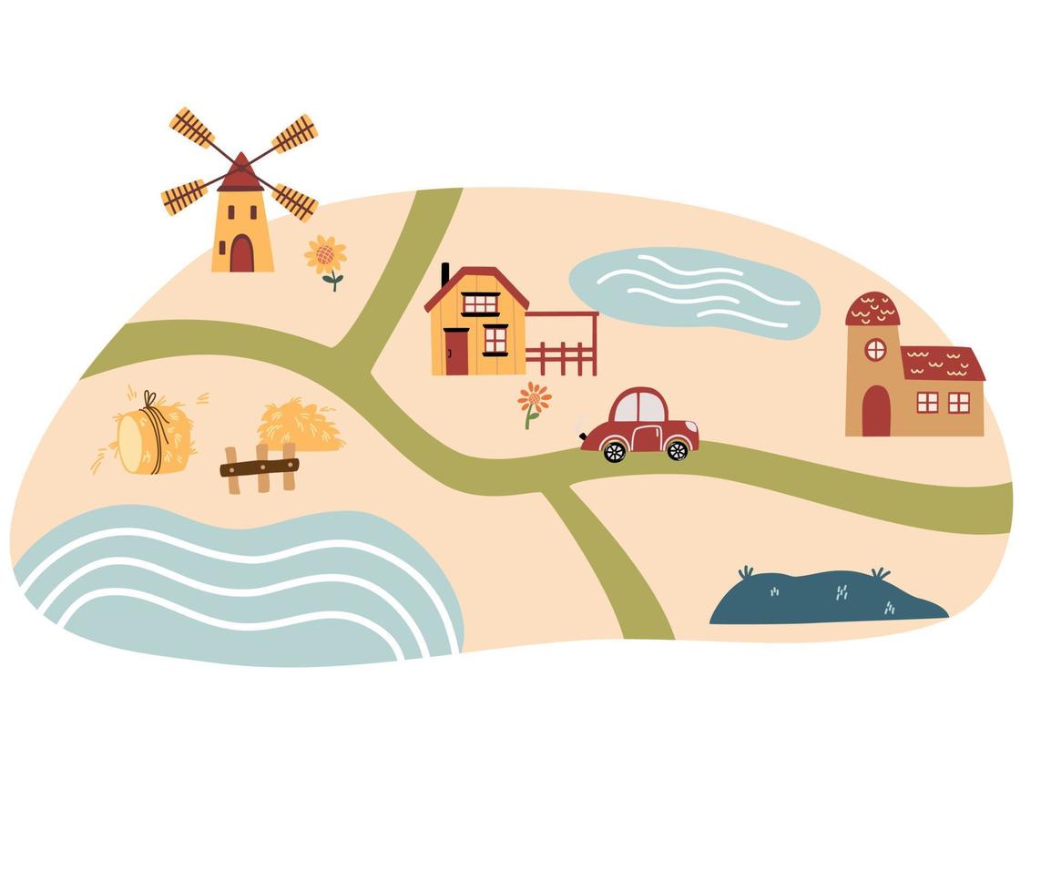 Village map. Cartoon map with houses, animals, road, lakes, trees and tractor. Perfect for textile, fabric, paper, games, play mat. Vector illustration isolated on white background