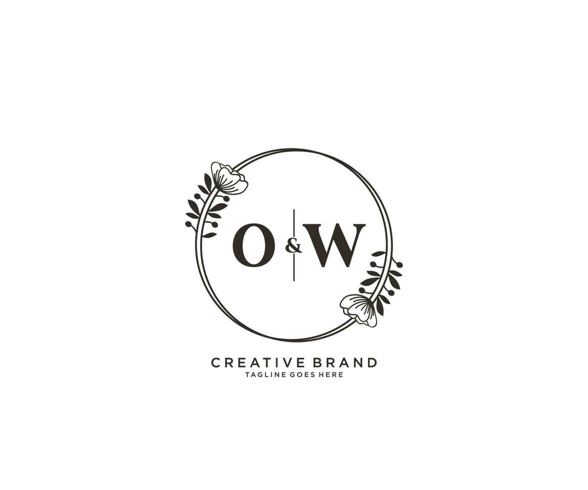 initial OW letters hand drawn feminine and floral botanical logo suitable for spa salon skin hair beauty boutique and cosmetic company. vector