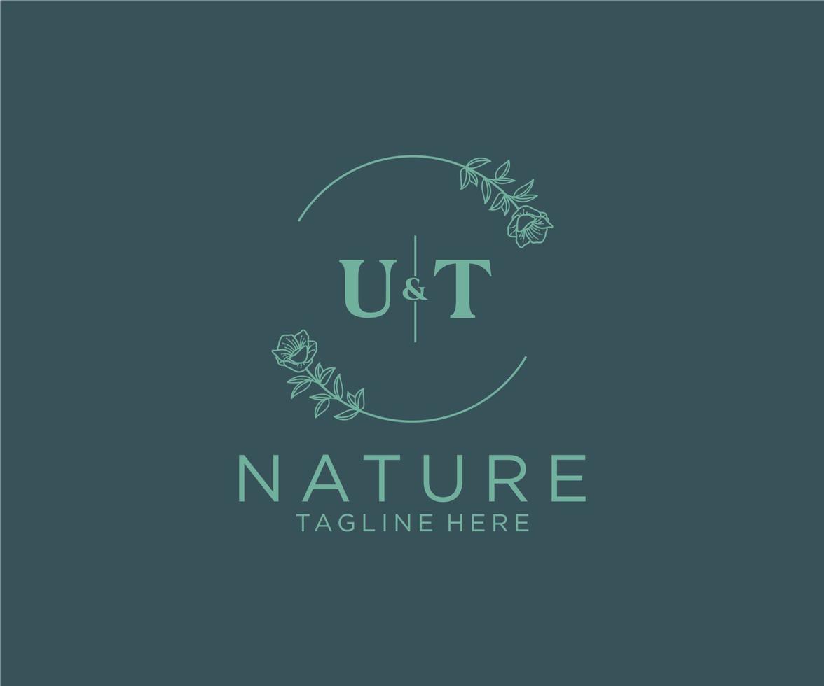 initial UT letters Botanical feminine logo template floral, editable premade monoline logo suitable, Luxury feminine wedding branding, corporate. vector
