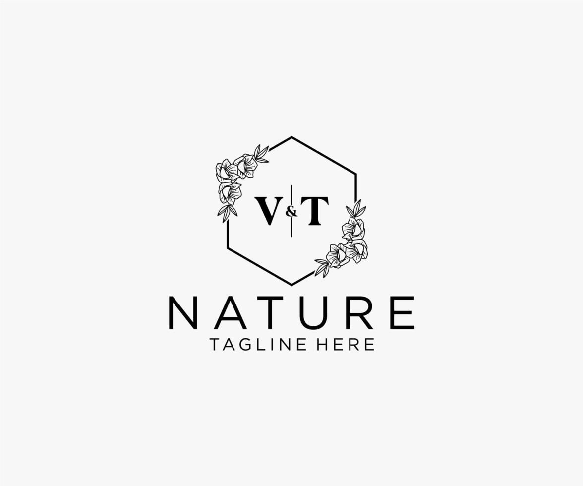 initial VT letters Botanical feminine logo template floral, editable premade monoline logo suitable, Luxury feminine wedding branding, corporate. vector