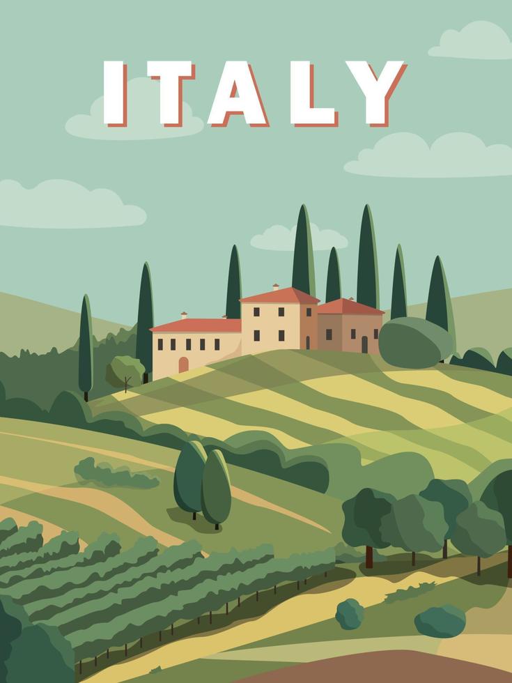 romántico campo Italia paisaje con casas, campos y arboles en el antecedentes. vector ilustración. plano diseño póster. europeo verano aldea.