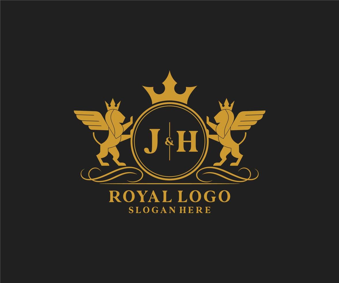 Initial JH Letter Lion Royal Luxury Heraldic,Crest Logo template in vector art for Restaurant, Royalty, Boutique, Cafe, Hotel, Heraldic, Jewelry, Fashion and other vector illustration.