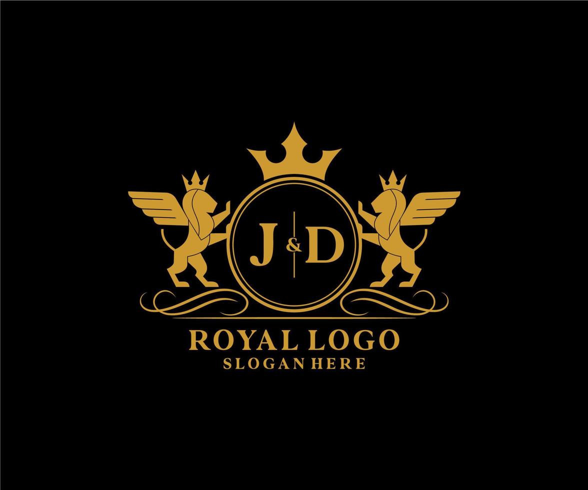 Initial JD Letter Lion Royal Luxury Heraldic,Crest Logo template in vector art for Restaurant, Royalty, Boutique, Cafe, Hotel, Heraldic, Jewelry, Fashion and other vector illustration.