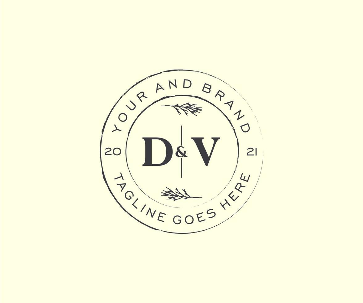 initial DV letters floral frames. Botanical feminine editable premade monoline unique decoration for greeting card, wedding invitation. vector