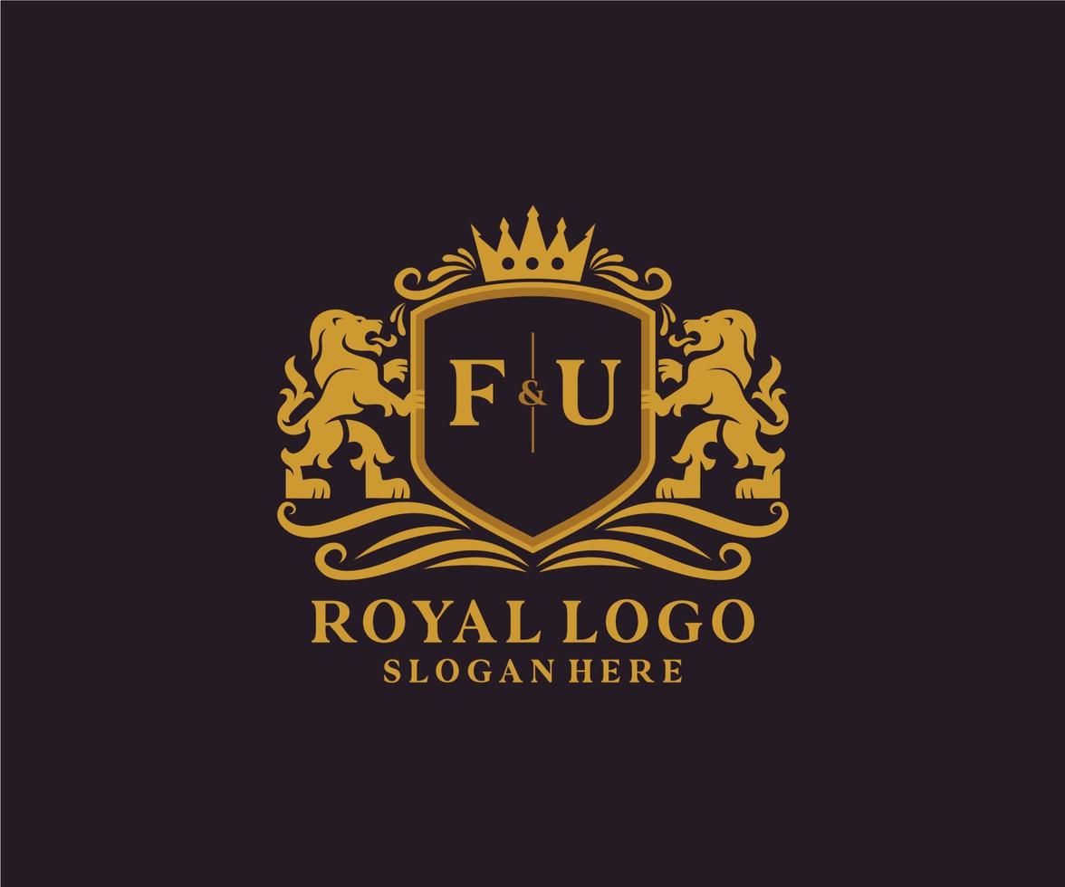 Initial FU Letter Lion Royal Luxury Logo template in vector art for Restaurant, Royalty, Boutique, Cafe, Hotel, Heraldic, Jewelry, Fashion and other vector illustration.