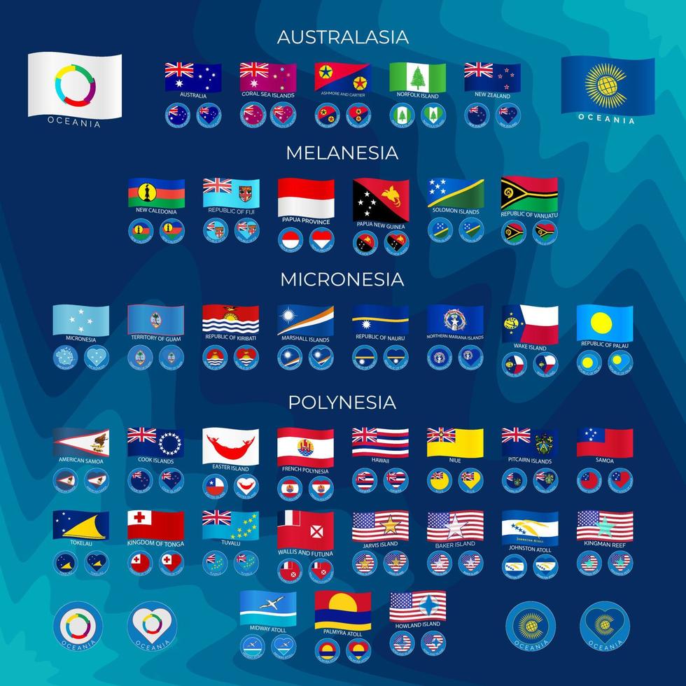 Set of icons of flags of the countries of Oceania. Australasia, Polynesia, Micronesia and Melanesia. Vector illustration.