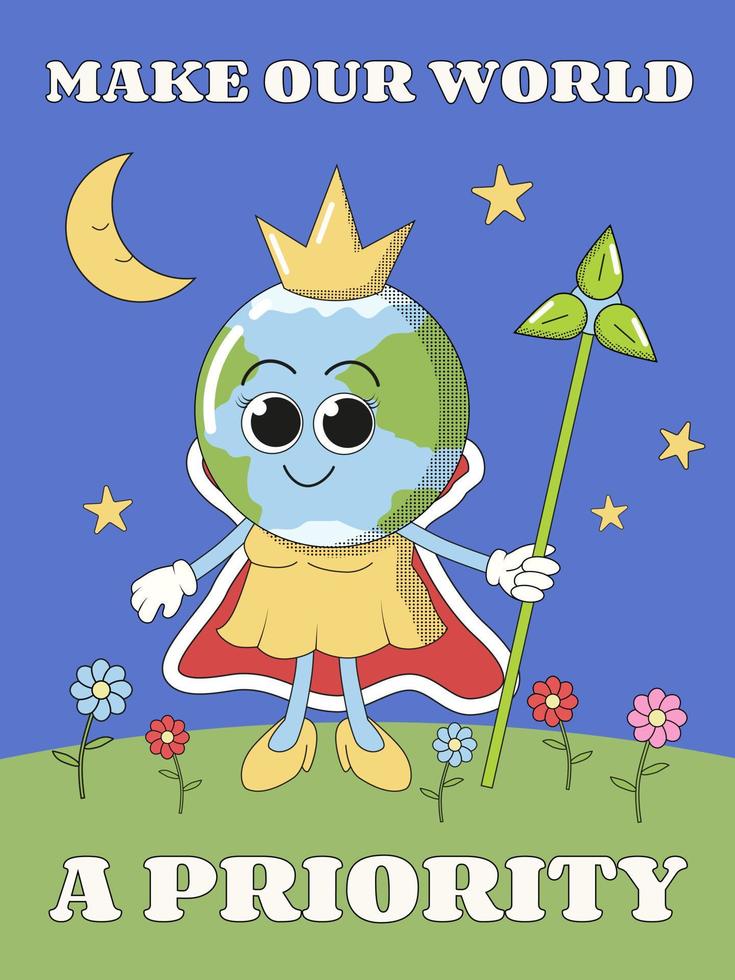 Earth Day poster with Earth character as a Queen in a crown, illustration in a groovy 1970s style. vector