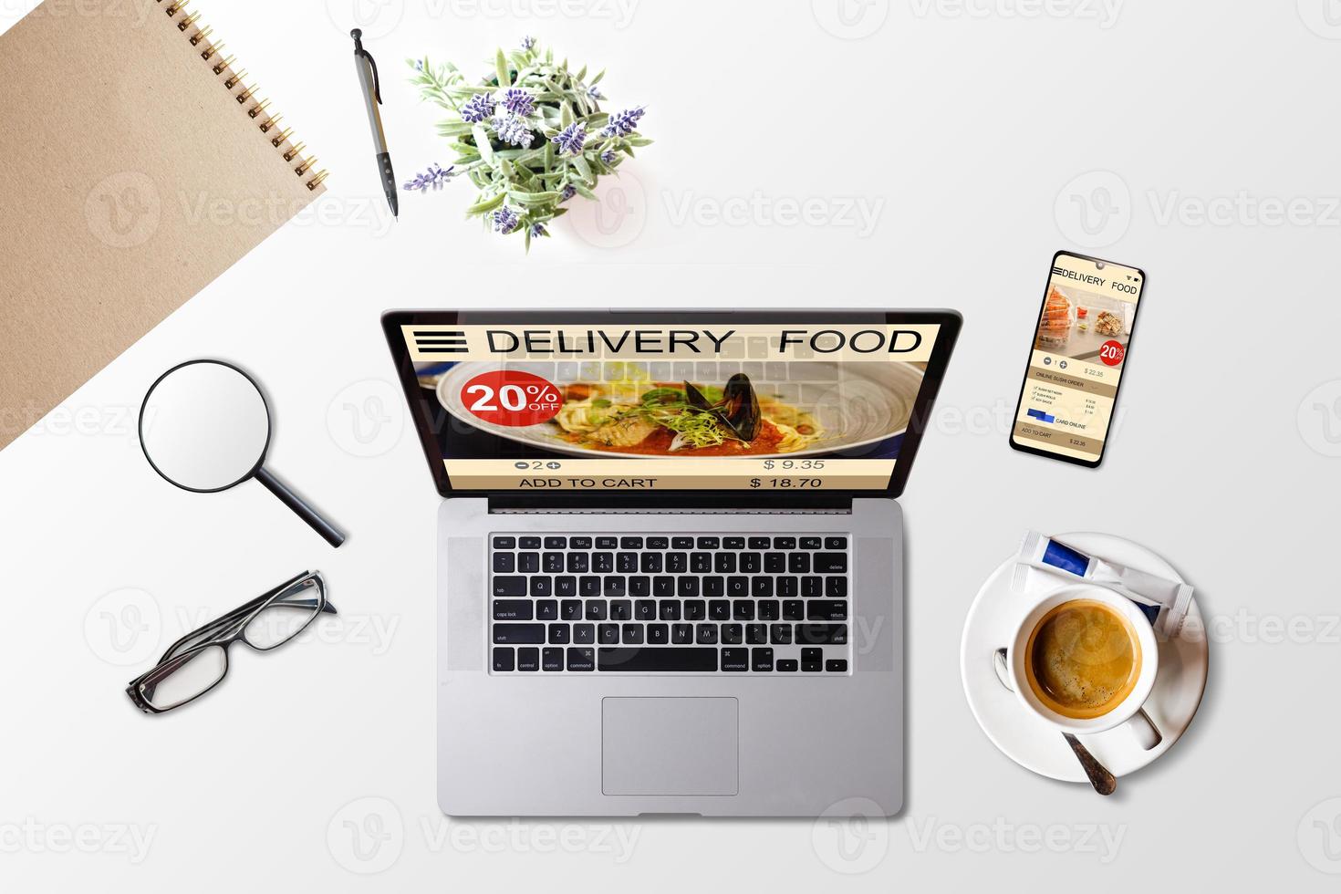 ordering take away food by internet with a laptop, food delivery photo