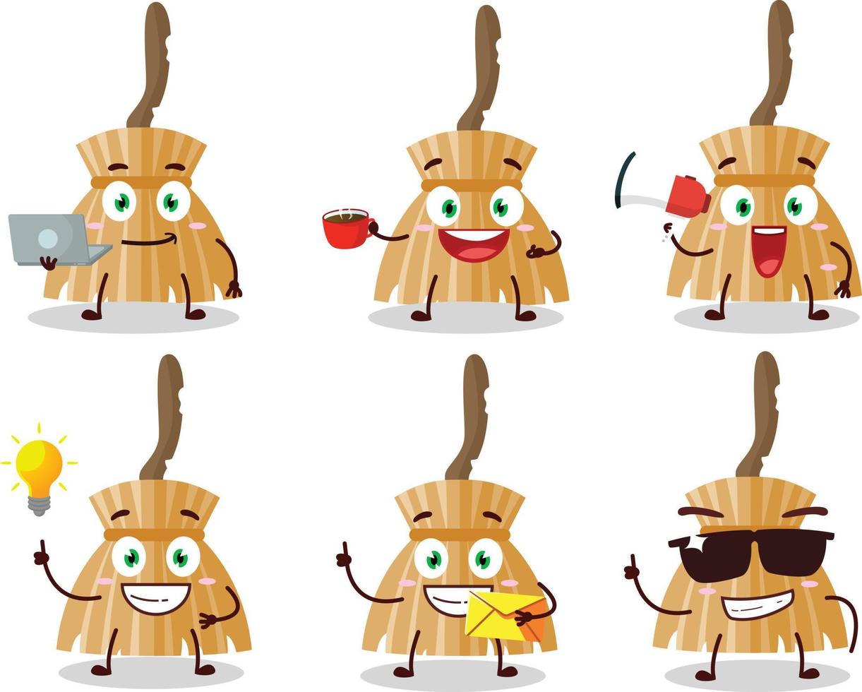 Witch broom cartoon character with various types of business emoticons vector