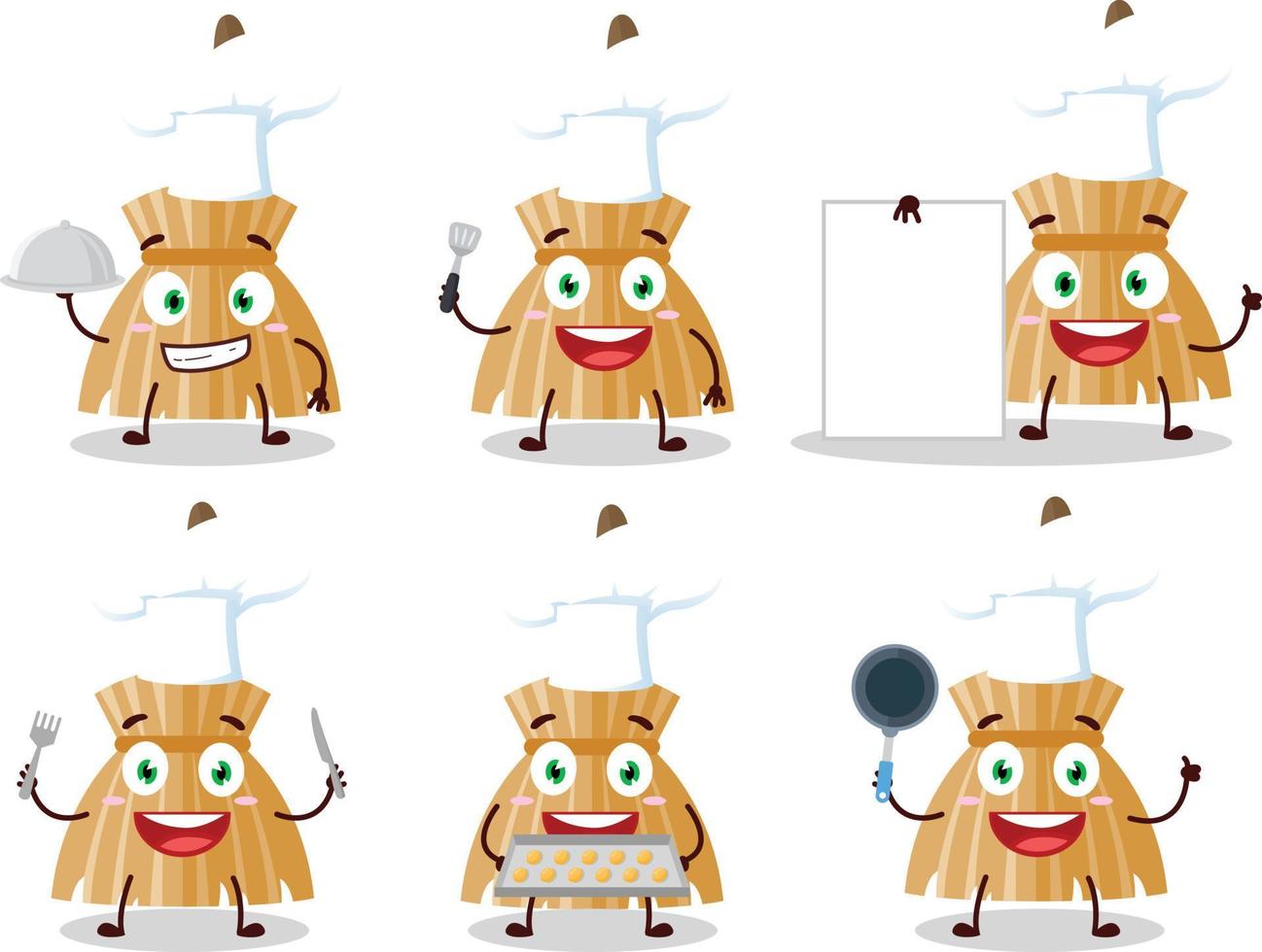 Cartoon character of witch broom with various chef emoticons vector