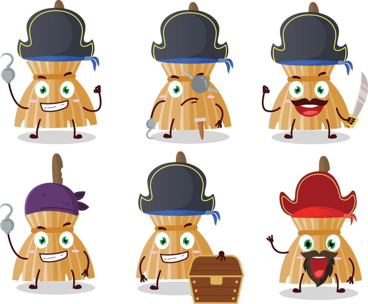 Cartoon character of witch broom with various pirates emoticons vector
