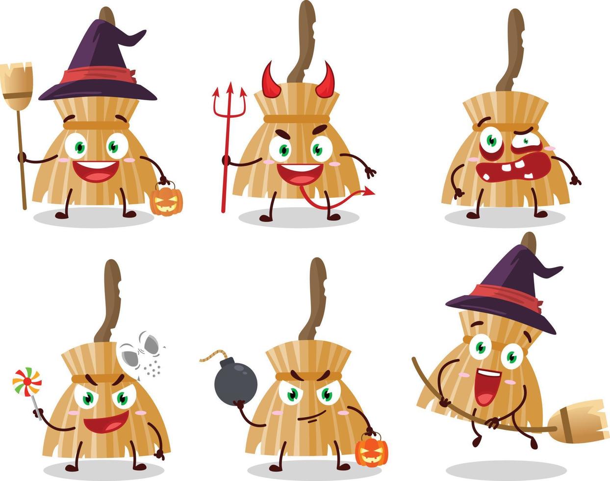 Halloween expression emoticons with cartoon character of witch broom vector