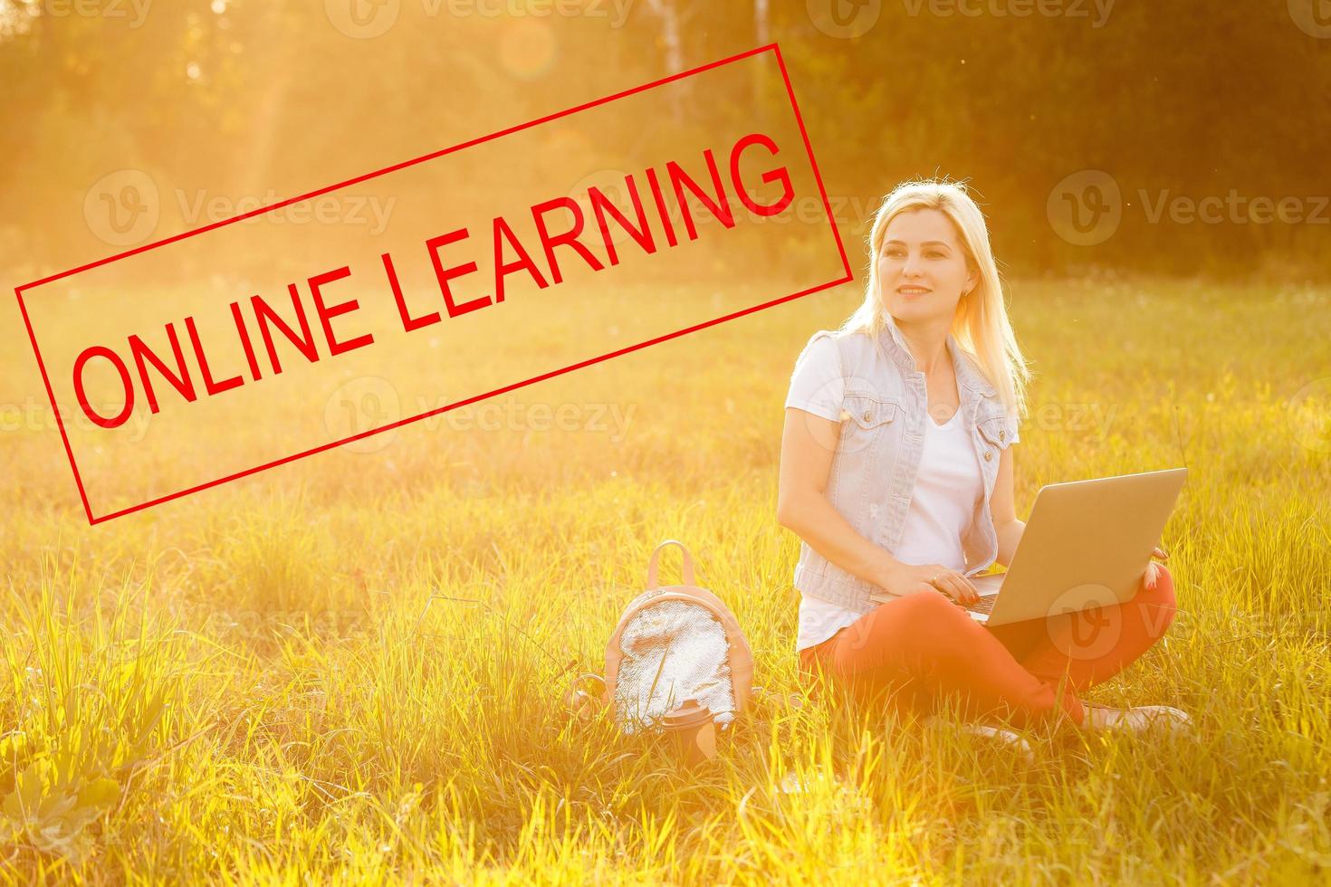 view of woman sitting in park on the green grass with laptop, notebook and smartphone, hands on keyboard. Computer screen mockup. Student studying outdoors. Copy space for text photo