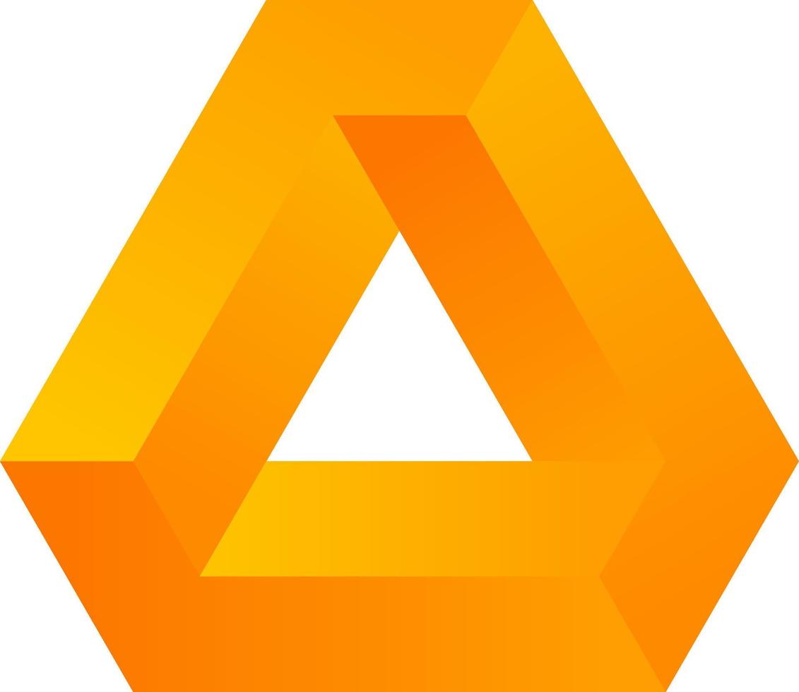 3d optical illusion of impossible shape. 3d infinity shape of triangle. Vector illustration of orange penrose. 3d illusion of geometric for logo, design or art. Perspective illusion shape illustration