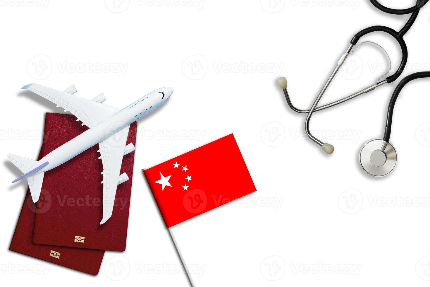 chino virus, avión, pasaporte, China bandera foto