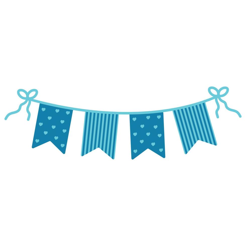 Festive decor for a children's holiday, baby shower boy. Blue triangular flags. Vector flat illustration