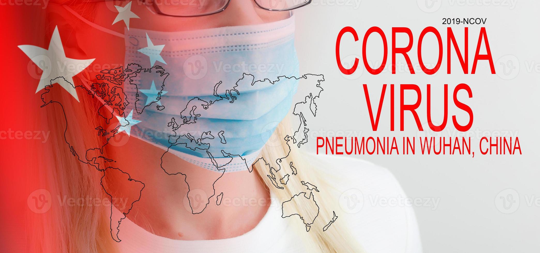The phrase Corona virus on a banner with blurred Chinese flag on the background. photo