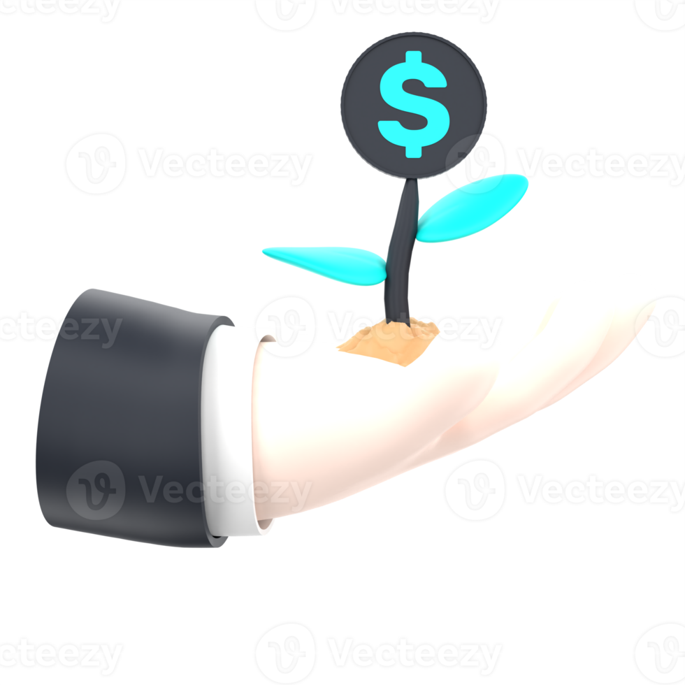 3D hand and dollar growth for start up. Object on a transparent background png