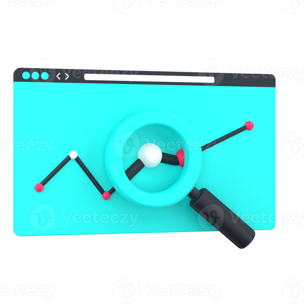 3D website and magnifying glass for research internet and marketing. Object on a transparent background png