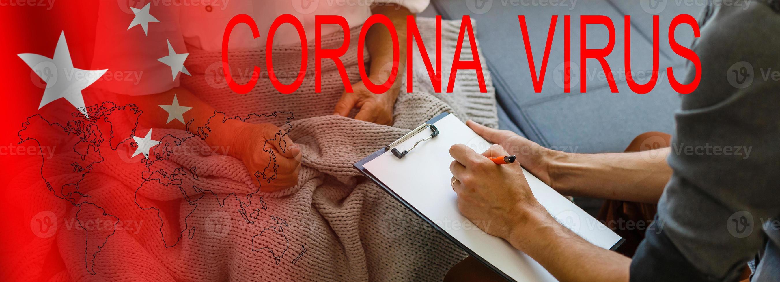The phrase Corona virus on a banner with blurred Chinese flag on the background. photo