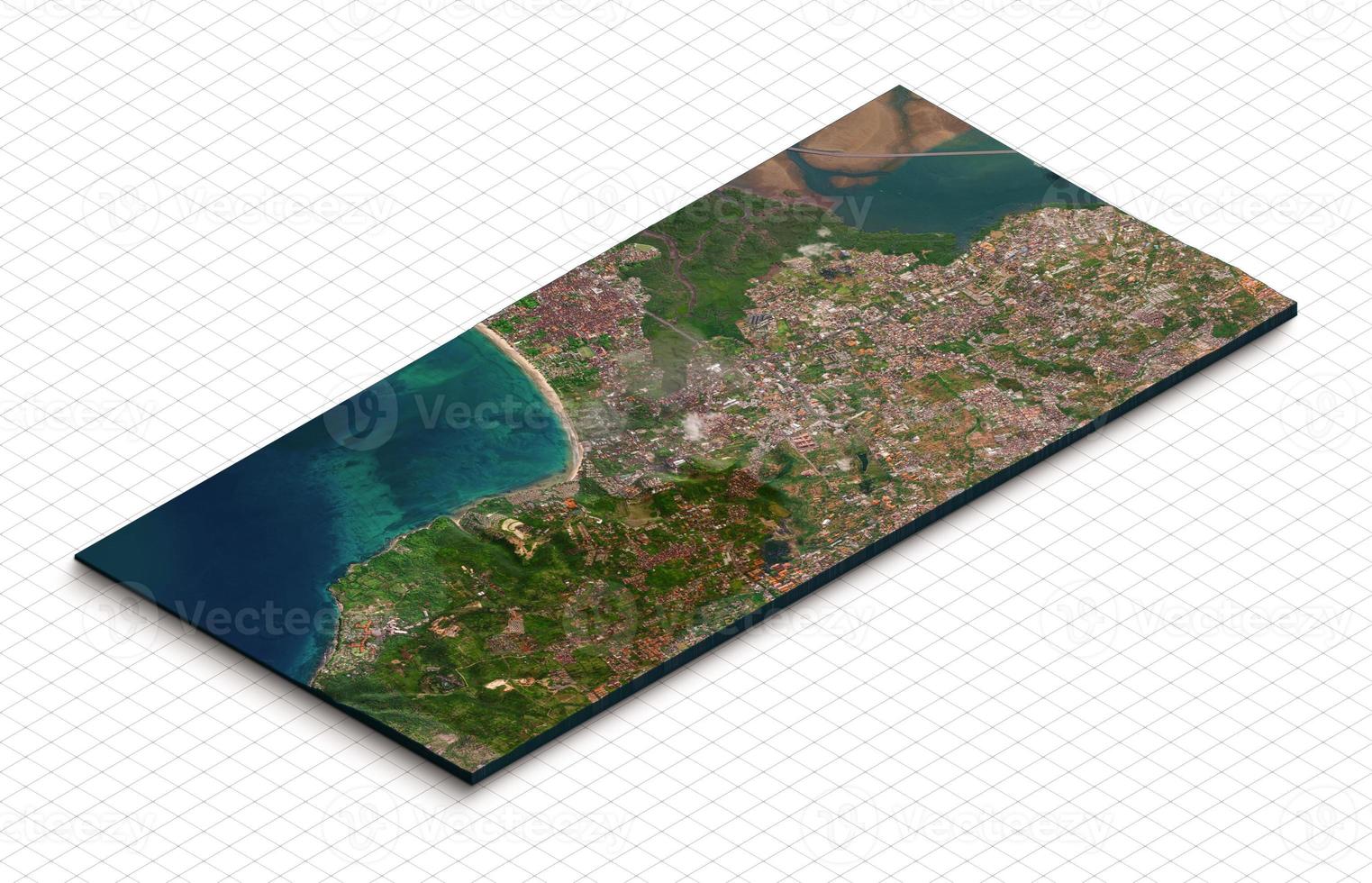 3d model of Jimbaran beach, Bali Indonesia, Japan. Isometric map virtual terrain 3d for infographic. Geography and topography planet earth flattened satellite view photo