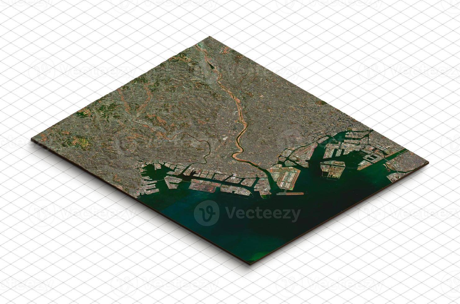 3d model of Haneda, Ota city, Japan. Isometric map virtual terrain 3d for infographic. Geography and topography planet earth flattened satellite view photo