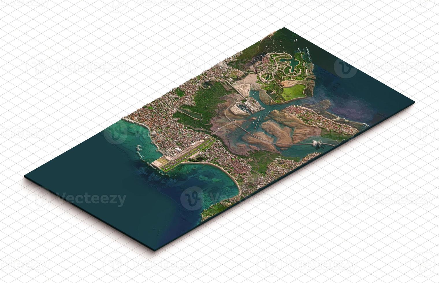 3d model of Jimbaran beach, Bali Indonesia, Japan. Isometric map virtual terrain 3d for infographic. Geography and topography planet earth flattened satellite view photo