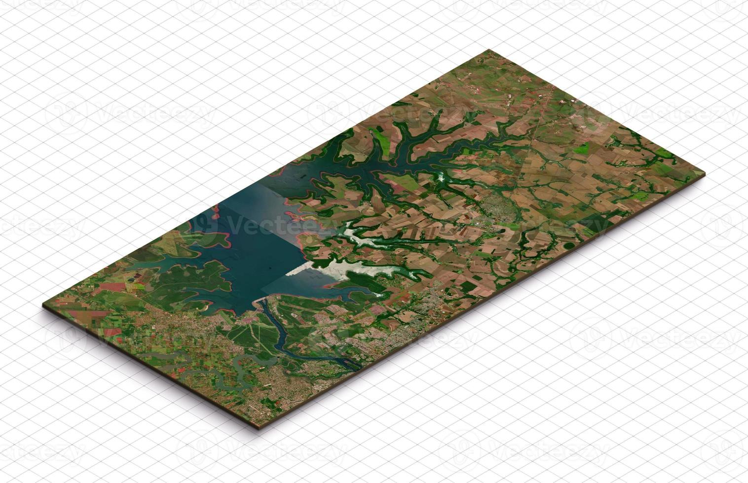 3d model of Presta De Itaipu Dam in Paraguay. Isometric map virtual terrain 3d for infographic. Geography and topography planet earth flattened satellite view photo