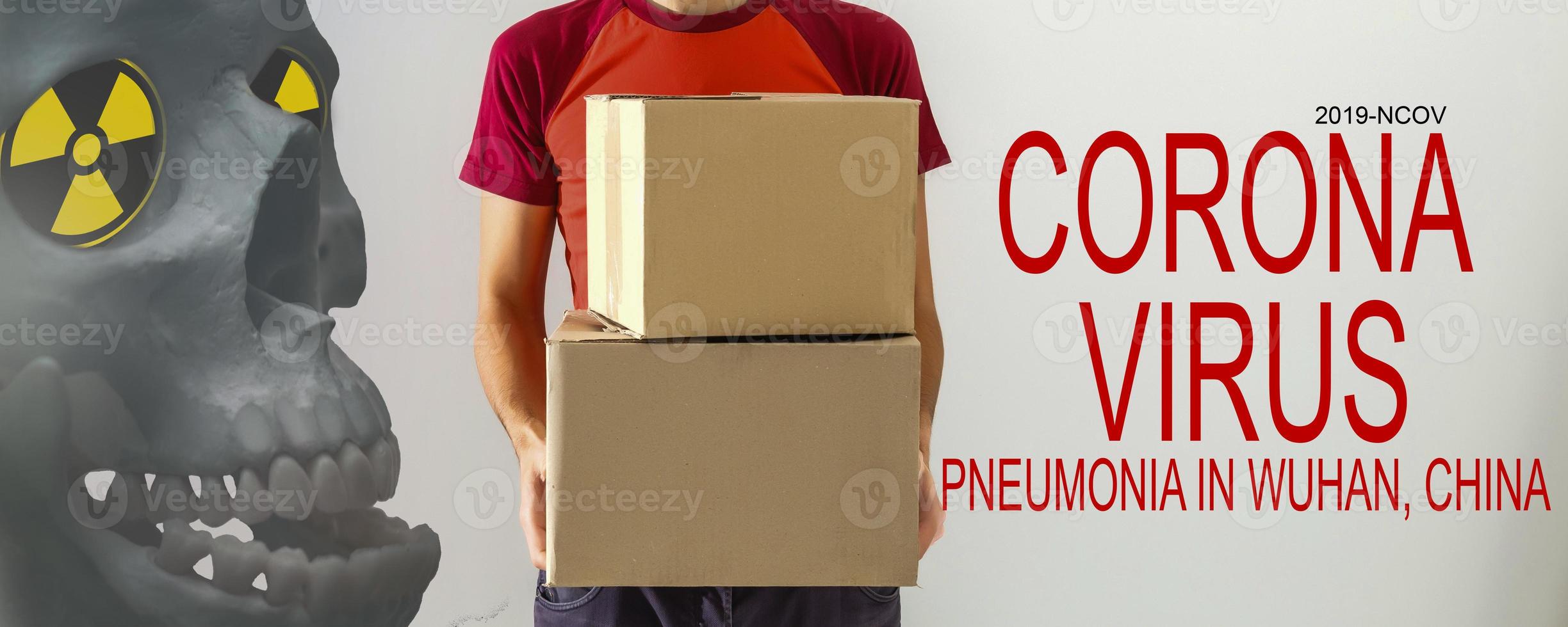 delivery man with box, coronavirus from china. Novel coronavirus - 2019-nCoV, Chinese Wuhan virus spread concept photo