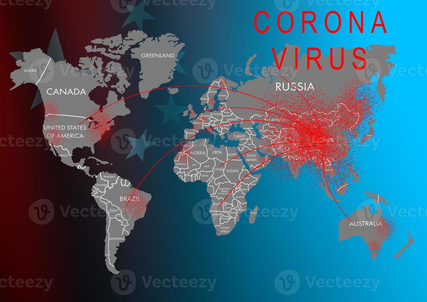 Coronavirus at Wuhan China. The red map of china on world map with dots photo