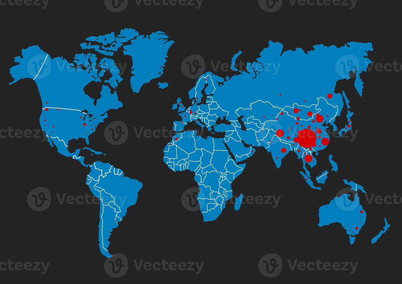 coronavirus a wuhan porcelana. el rojo mapa de China en mundo mapa con puntos foto