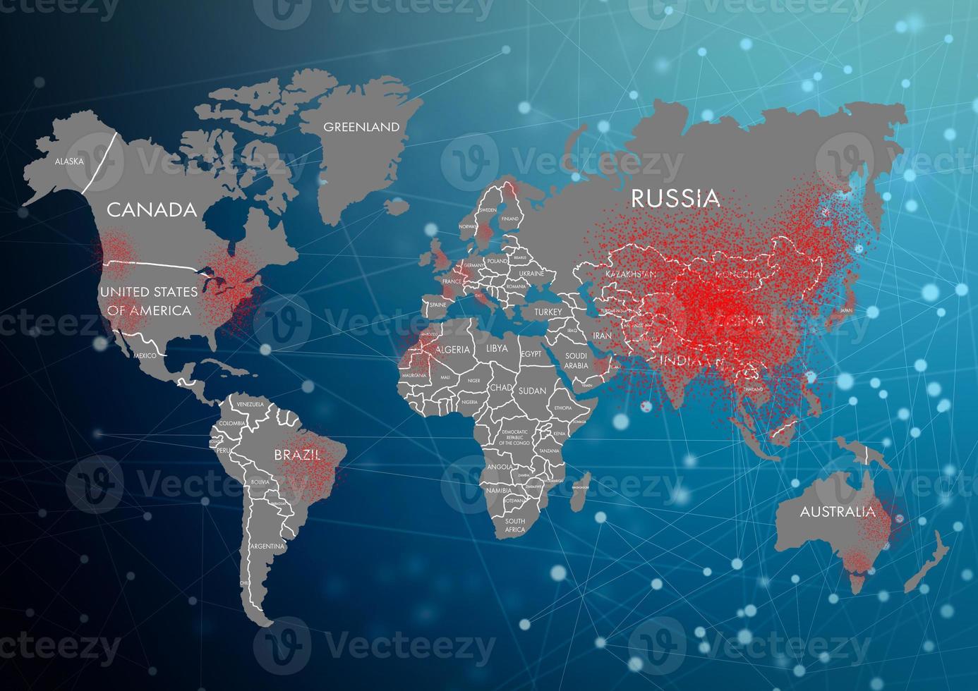 coronavirus a wuhan porcelana. el rojo mapa de China en mundo mapa con puntos foto