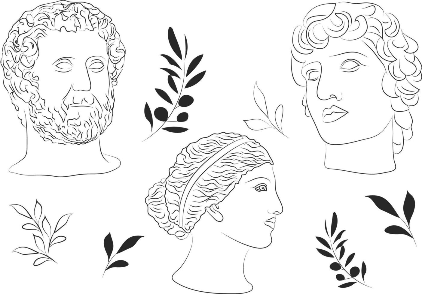 Set of portraits, illustrations with antique plaster head. One-line portraits, Greek sculpture. vector