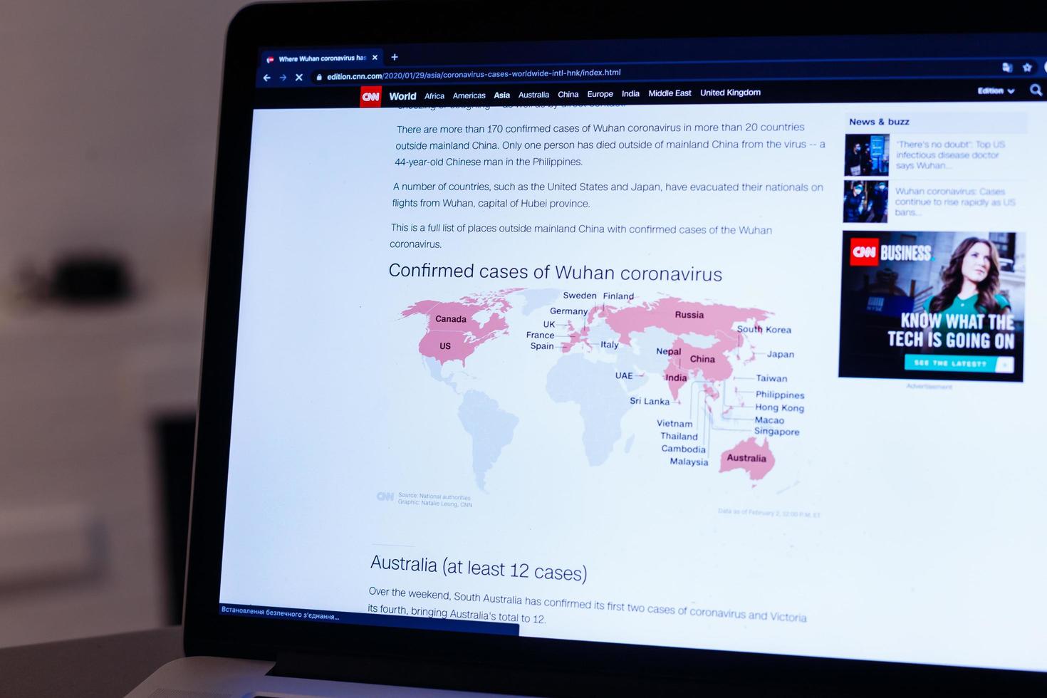 Kyiv, Ukraine - FEBRUARY, 03 2020 CNN Cases of wuhan coronavirus in the world, infographics Wuhan China photo