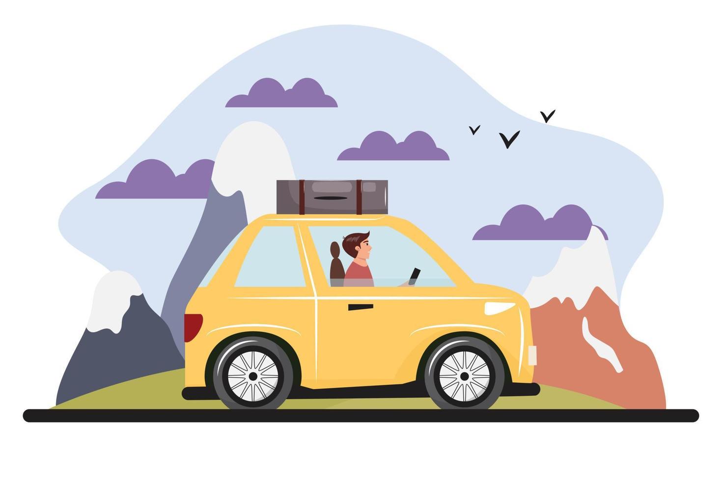 Young man doing a road trip with a yellow car. vector