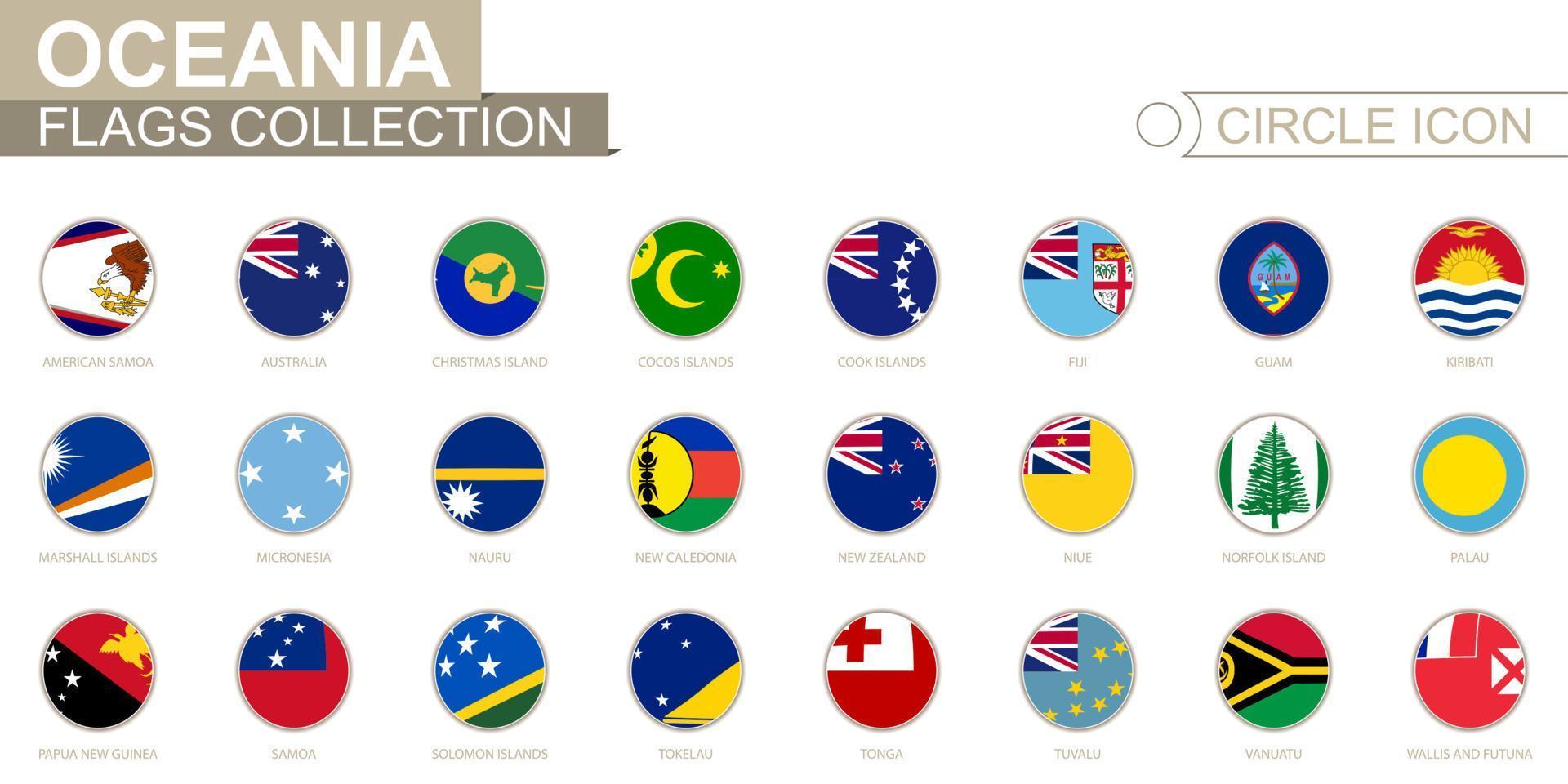 Alphabetically sorted circle flags of Oceania. Set of round flags. vector