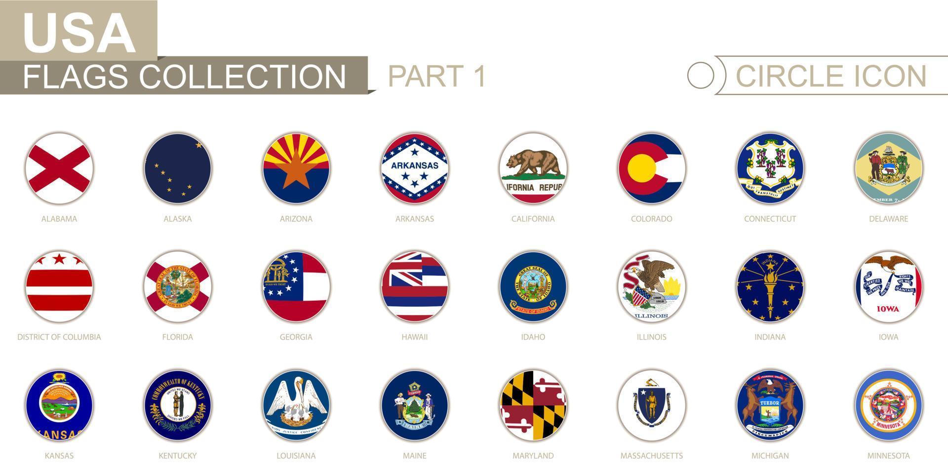 Alphabetically sorted circle flags of US States. Set of round flags. vector