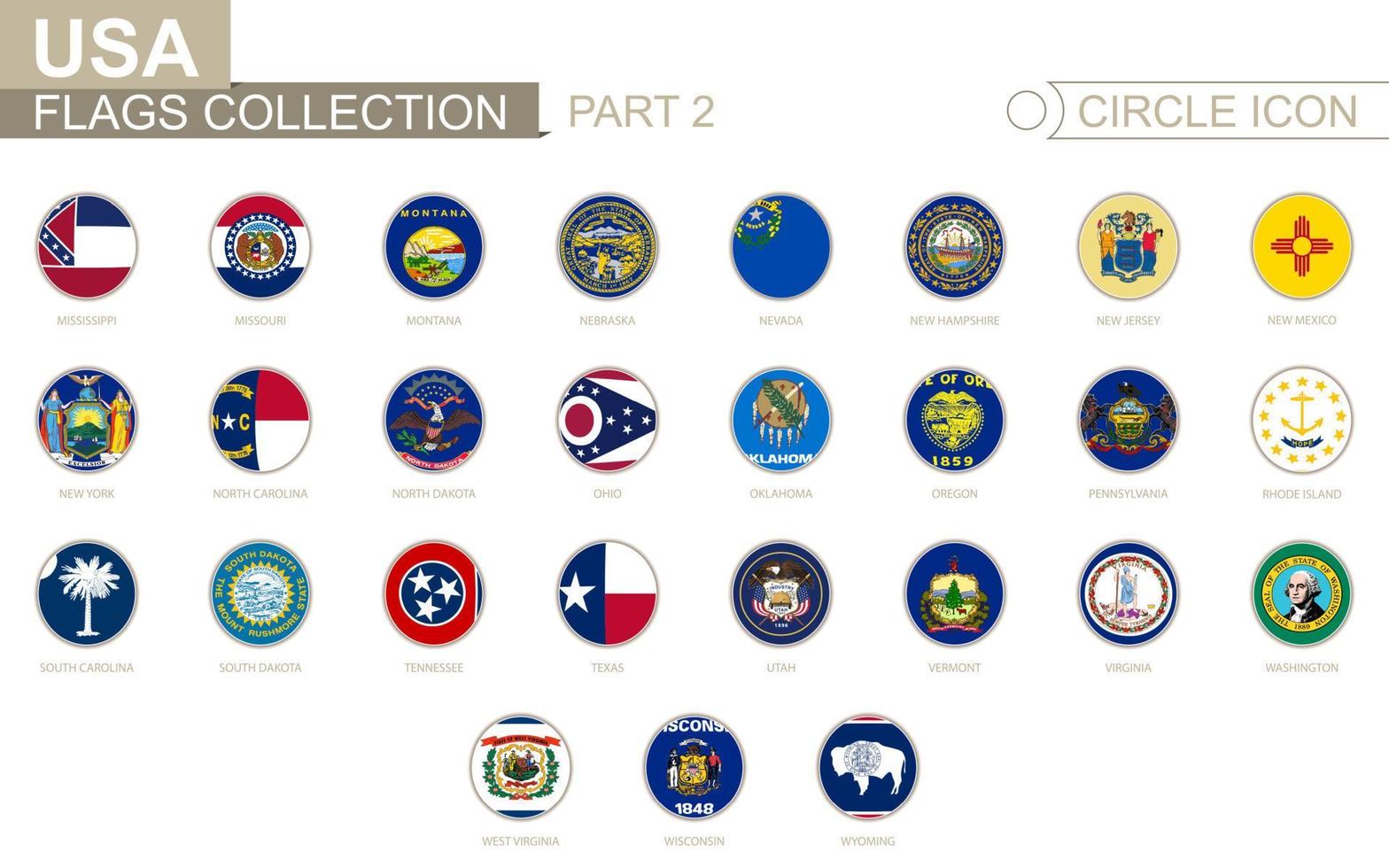 Alphabetically sorted circle flags of US States. Set of round flags. vector
