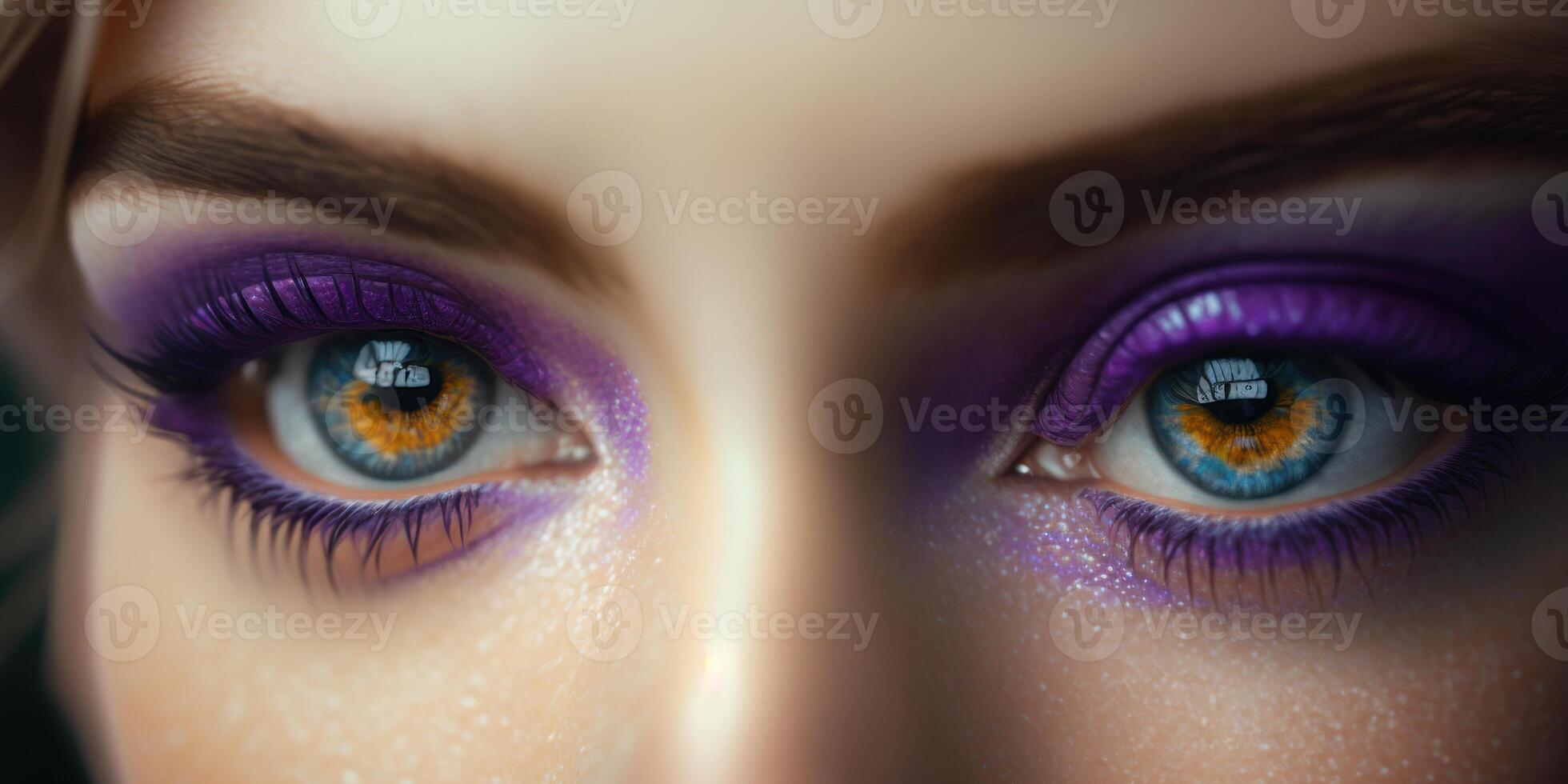 hermosa hembra ojos con púrpura oscuridad y Brillantina generativo ai foto