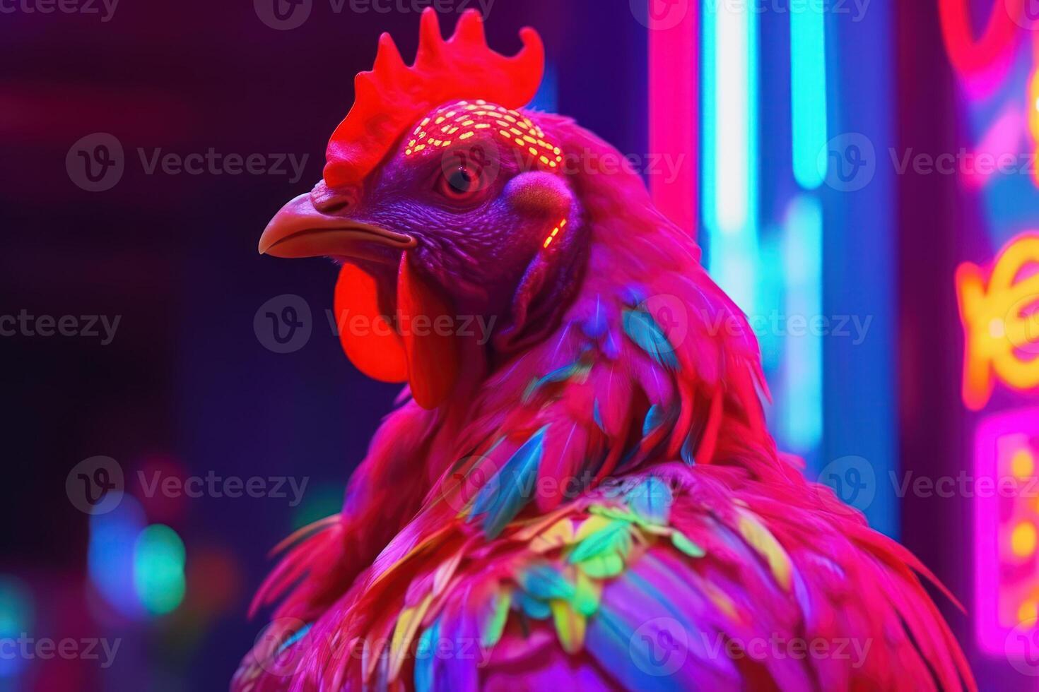 disco cock with neon light, chicken retro cyber style photo