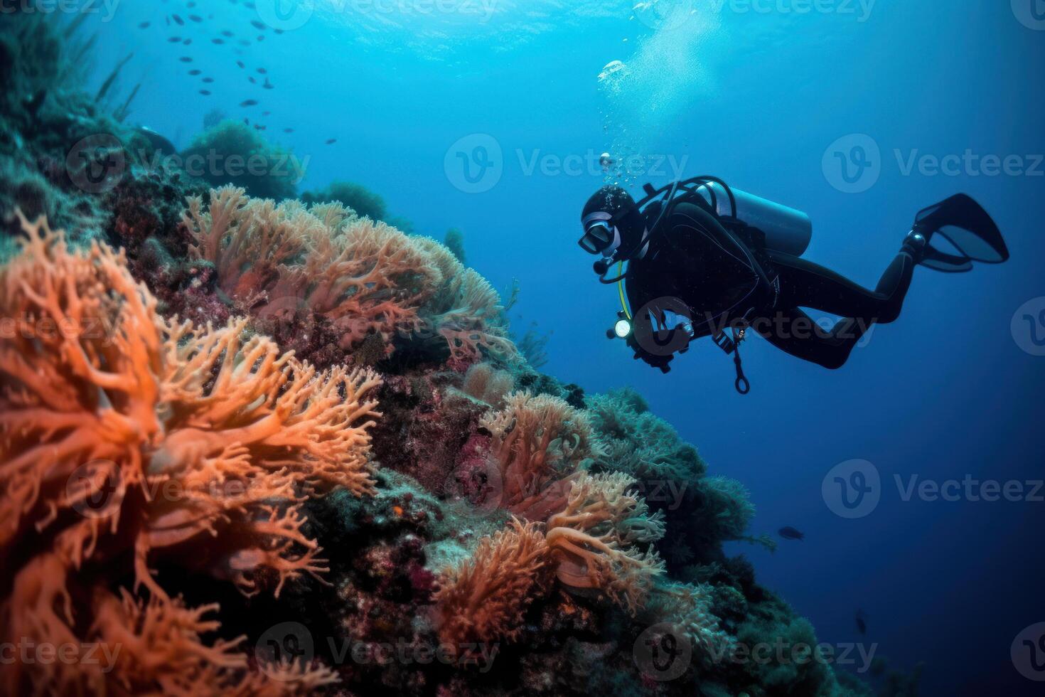 scuba diver swims among fish and red coral reef photo