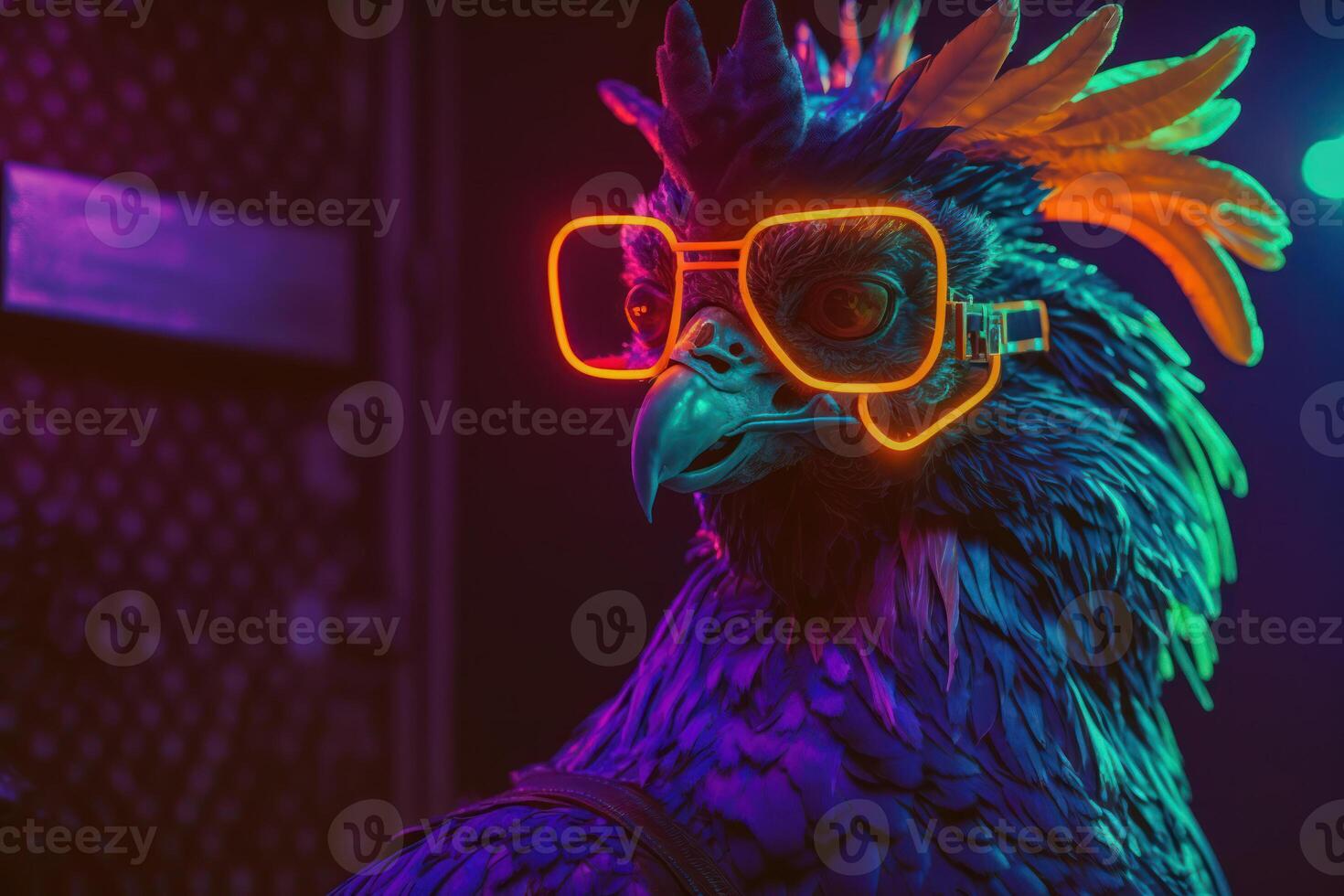 disco cock with neon light, chicken retro cyber style photo