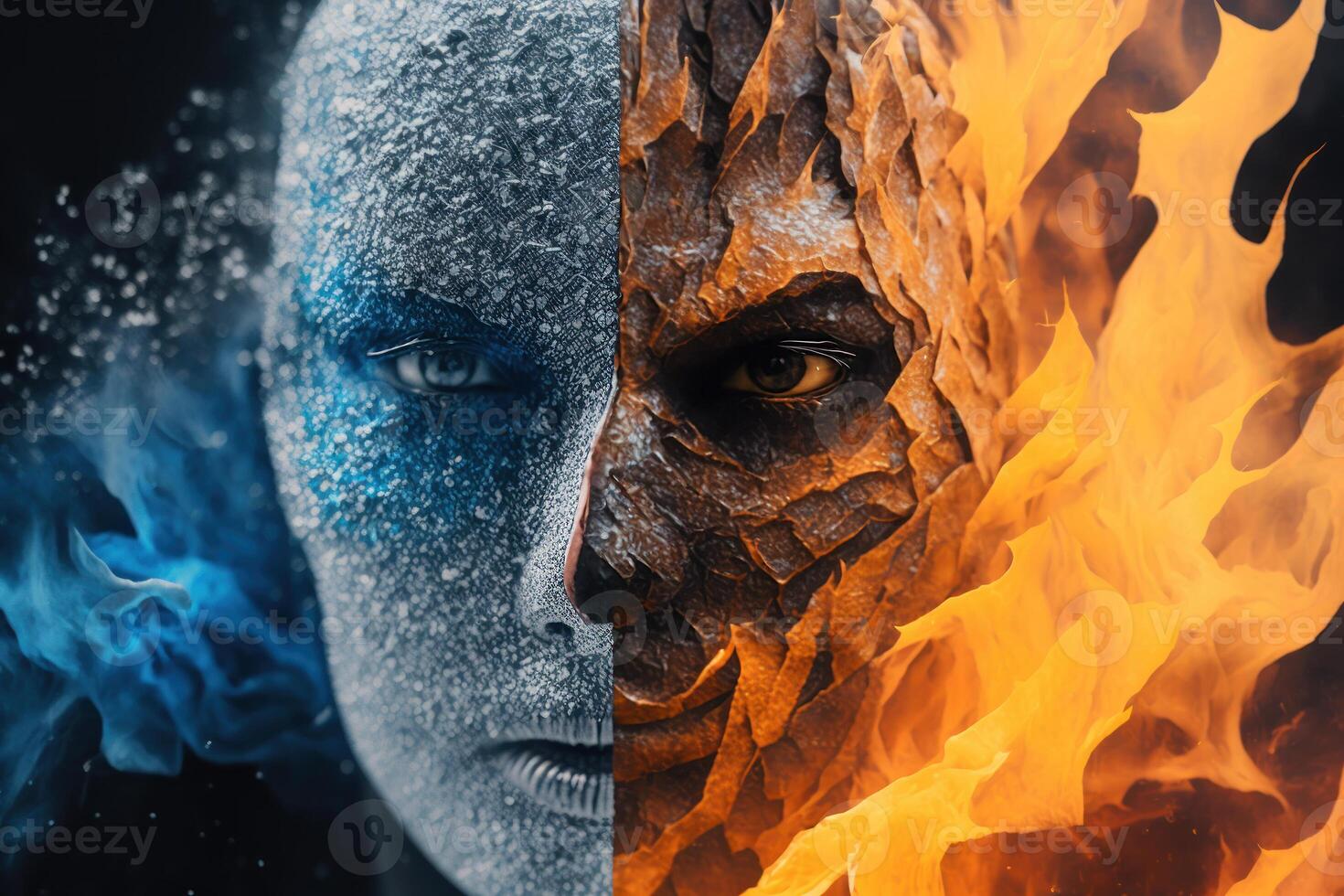 opposition half of the head is icy the second is fiery ,blue orange face photo