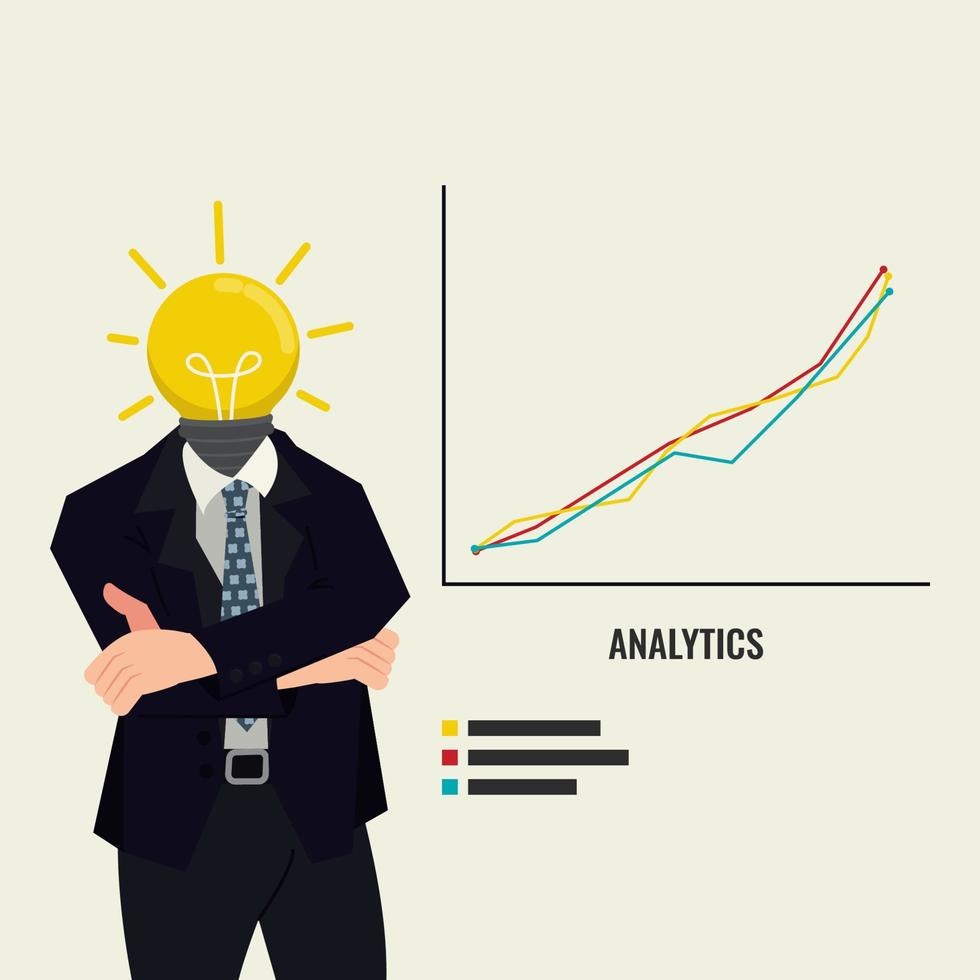 Businessman with light bulb head and line chart. Lots of idea and inspiration for performance vector illustration