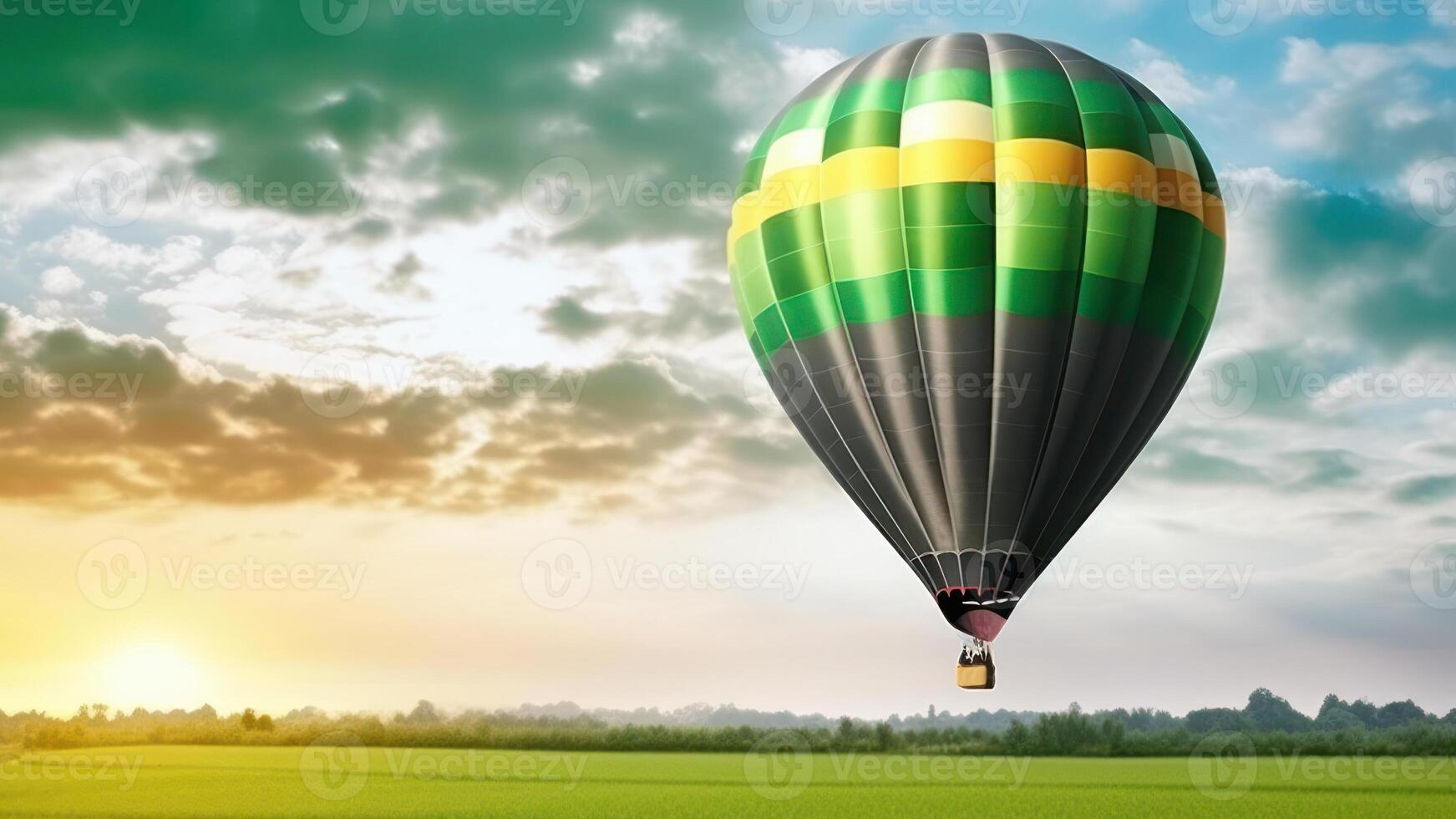 hot air balloon on the background of a green field and sun cloudy sky copy space photo