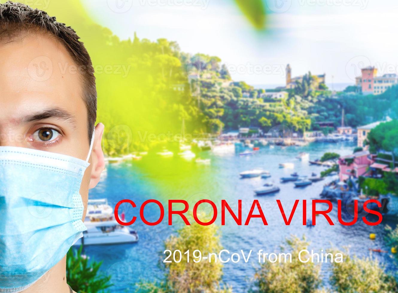 Ill young man feeling sick, wearing protective mask against italy, coronavirus photo