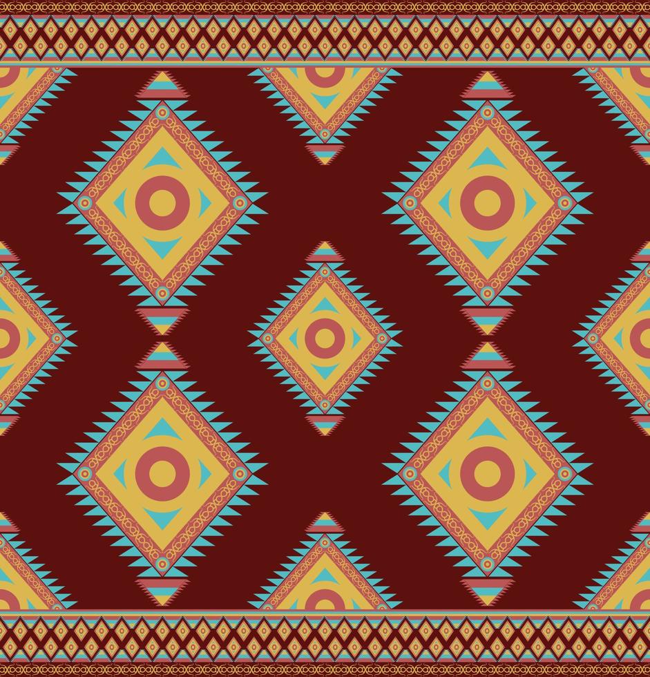 Ethnic folk geometric seamless pattern in red, orange and cyan tone in vector illustration design for fabric, mat, carpet, scarf, wrapping paper, tile and more