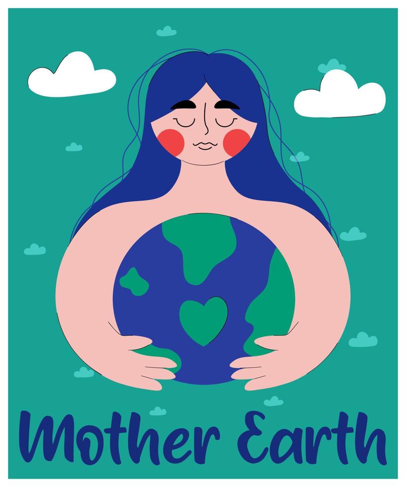 linda mujer abraza planeta tierra con cuidado y amor. madre naturaleza. el concepto de tierra día. salvar nuestra planeta. Vamos verde. de moda plano estilo con línea. vector